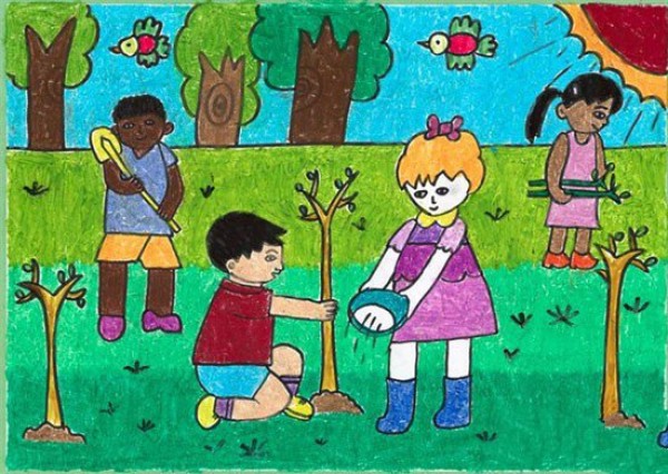 Childrens drawings to celebrate Labor Day-lets plant trees together