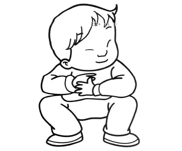 Simple drawing picture of a squatting little boy