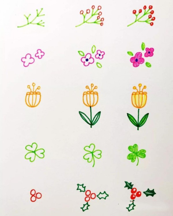 Step by step drawing of spring leaves and flowers