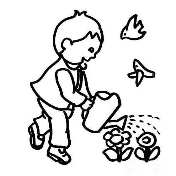 Simple drawing of little boy watering flowers