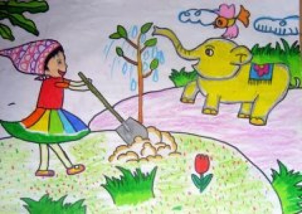 Childrens drawings about Arbor Day-I will plant trees and water elephants