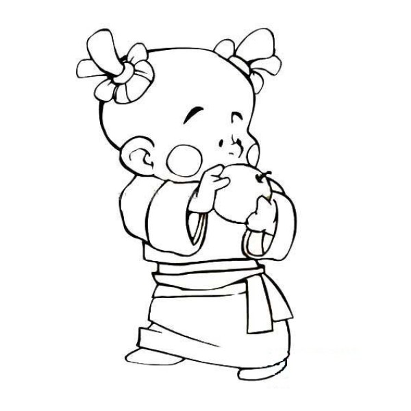 Simple drawing of little boy eating apple in ancient times