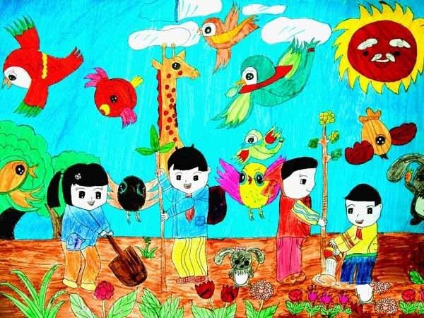 Childrens drawing of spring scenery-lets plant trees together