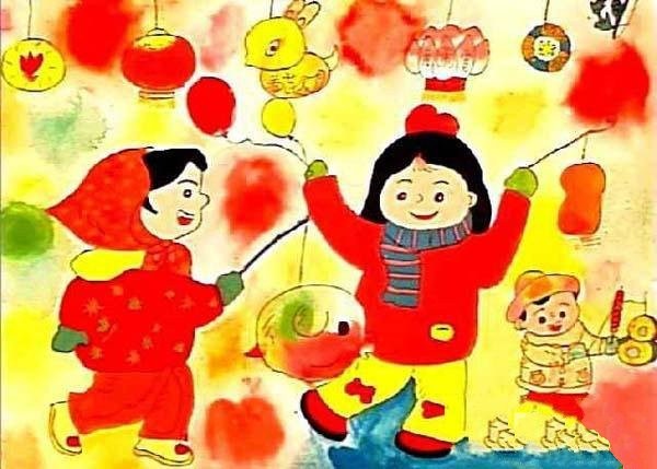 Childrens drawings about the Spring Festival: carrying lanterns