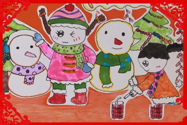 Childrens drawings of setting off firecrackers during the New Year