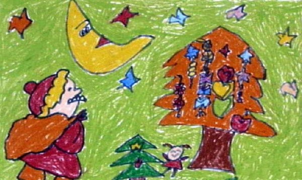 Christmas childrens drawing Santa Claus under the starry sky