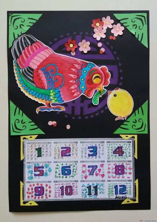 Year of the Rooster childrens calendar painting teachers model of mother hen and chicks