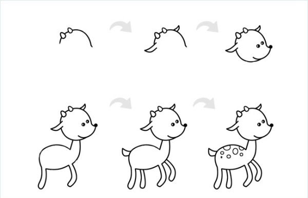 A simple drawing of a small deer contains step-by-step pictures