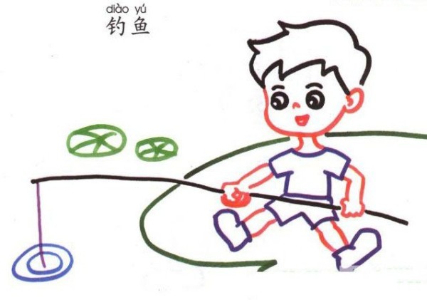 Simple drawing of little boy fishing