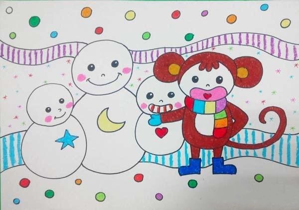 Childrens drawing pictures of snowman by third grade primary school students: monkey and snowman