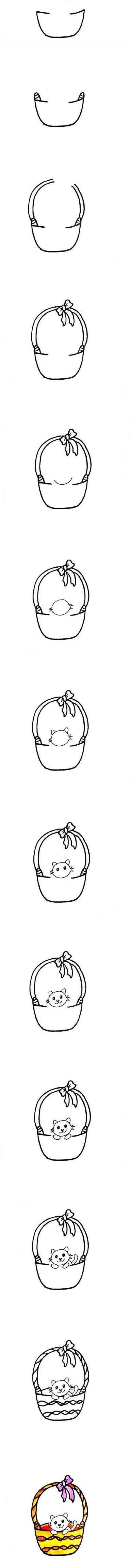 How to draw a kitten in a flower basket