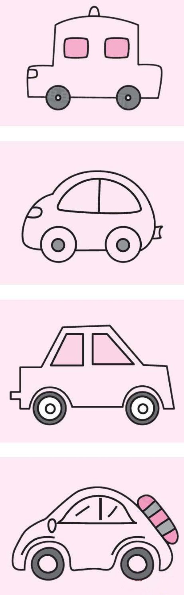 Simple drawings of various cars