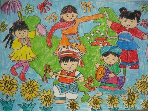 National Day themed childrens painting - Happy gathering of the motherland