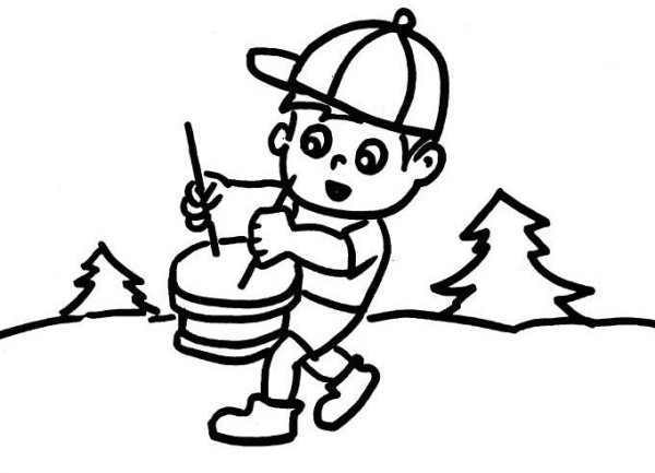 Children learn to draw characters, little boy playing drums