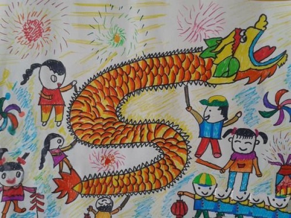 A complete collection of childrens watercolor paintings of New Years Dragon Dance