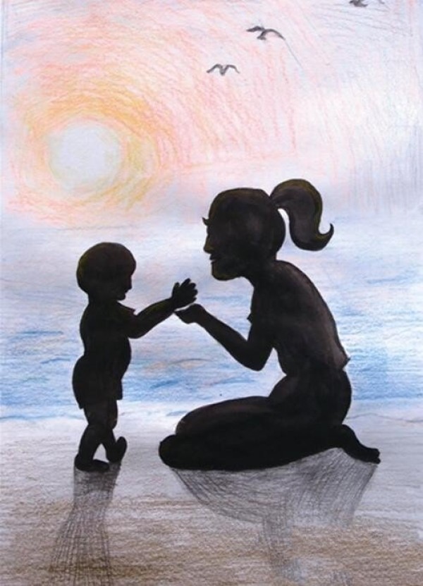 Appreciation of creative Mothers Day paintings of mother and son under the sunset