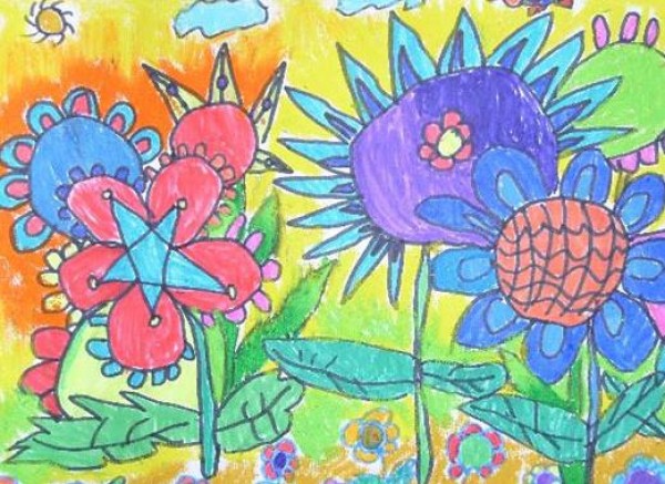 Spring childrens simple drawing pictures_beautiful garden