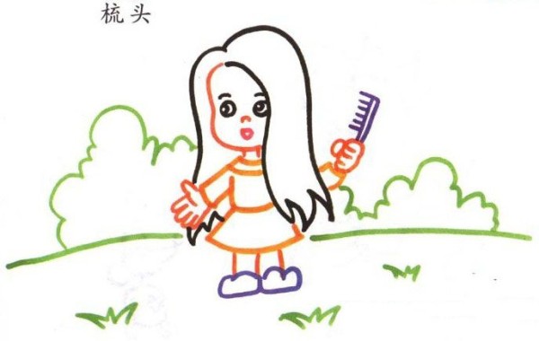 Simple drawing of little girl combing her hair