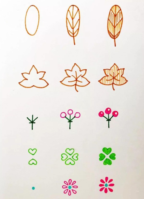 Step by step drawing of spring leaves and flowers