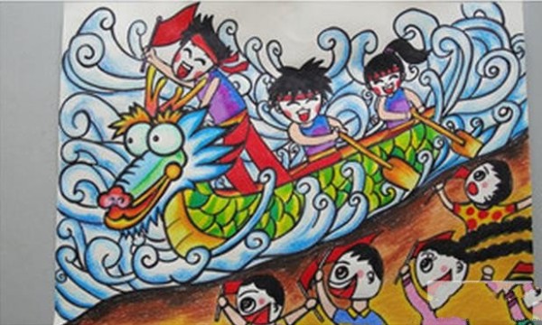 Childrens drawings of dragon boat racing pictures-riding the wind and waves