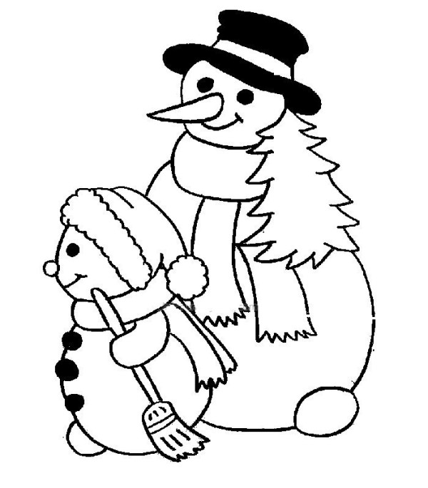 Simple drawing of snowman holding a broom