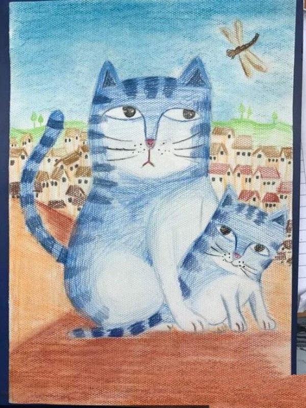 Appreciation of blue cat mother and baby colored pencil drawings of kittens