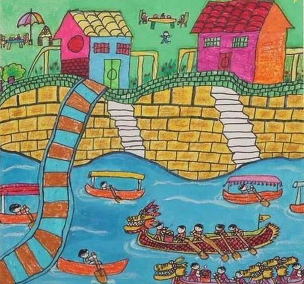 Second grade children’s Dragon Boat Festival picture works: Dragon Boat Festival in hometown