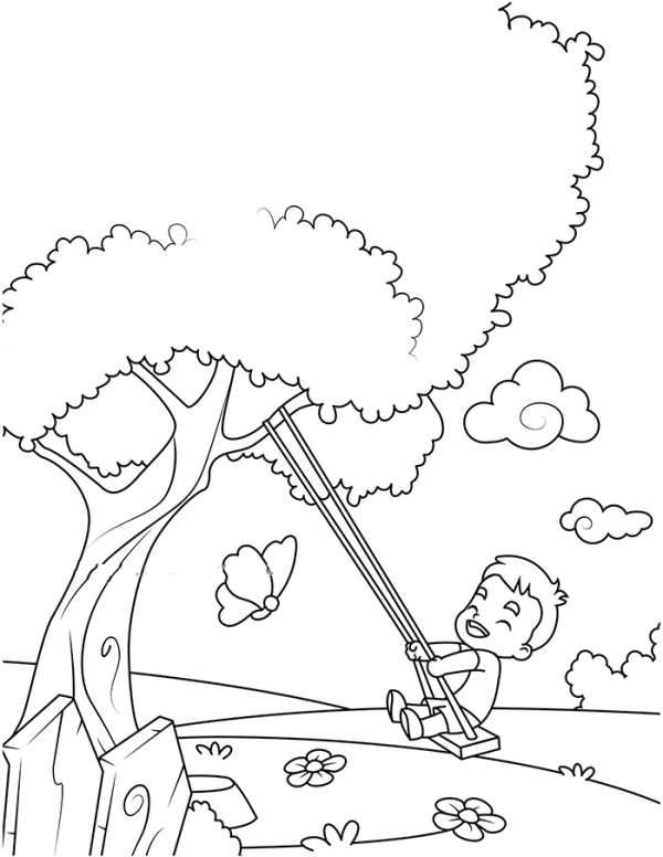 Little boy swinging under the big tree