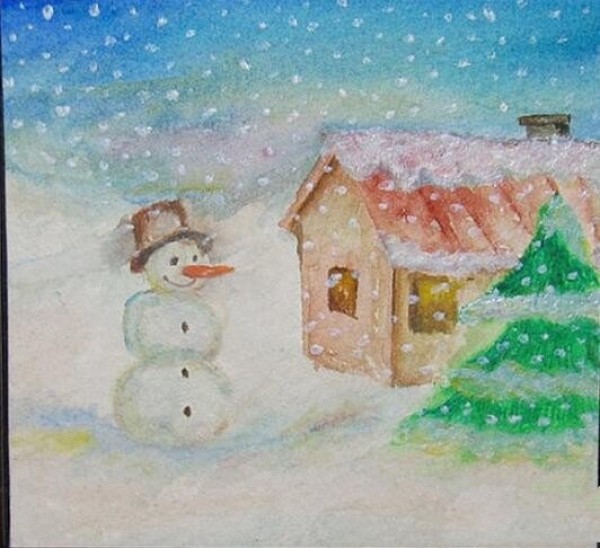 Appreciation of the beautiful winter childrens drawing of the little snowman outside the house