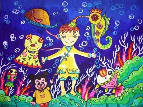 Award-winning childrens paintings on the theme of underwater world