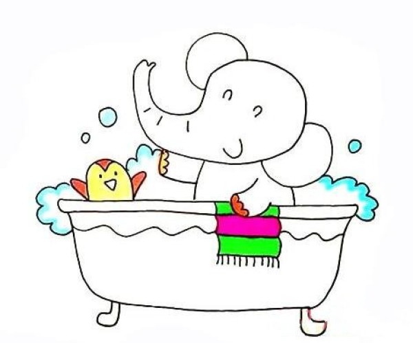 How to draw a baby elephant taking a bath