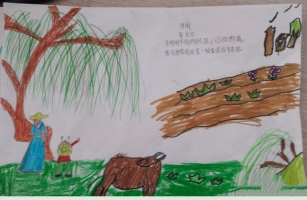 Second grade Qingming Festival crayon painting: Qingming Encounter