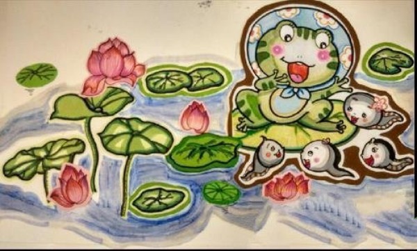 Childrens drawing of frog in lotus pond with mother frog