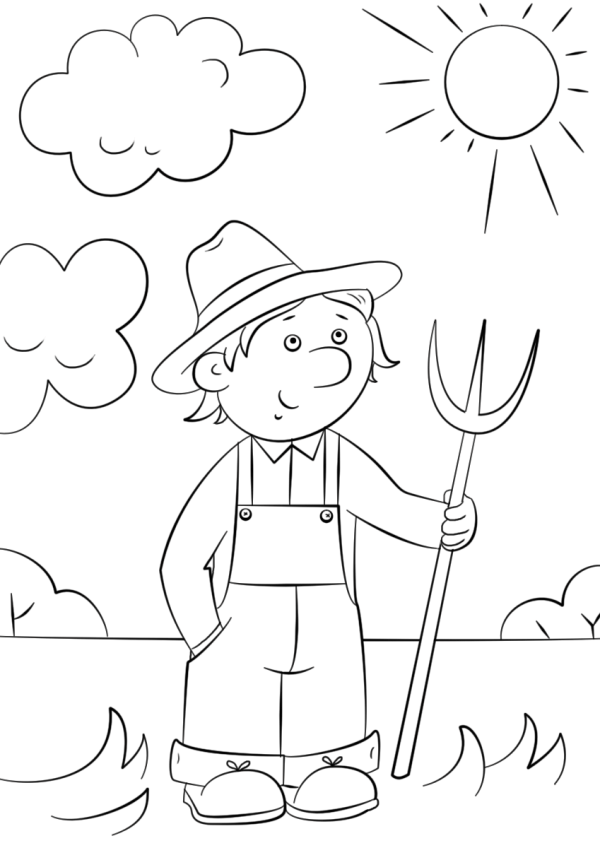 Cartoon farmer and pitchfork