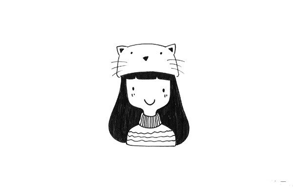 A group of super cute black and white line drawings of girls