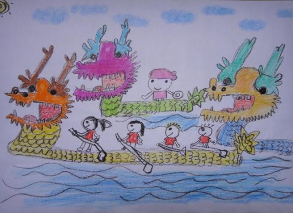 Children rowing dragon boats share their Dragon Boat Festival paintings