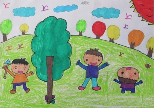 Three little boys planting trees drawing about Arbor Day