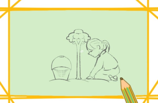 Simple drawing of girl planting trees