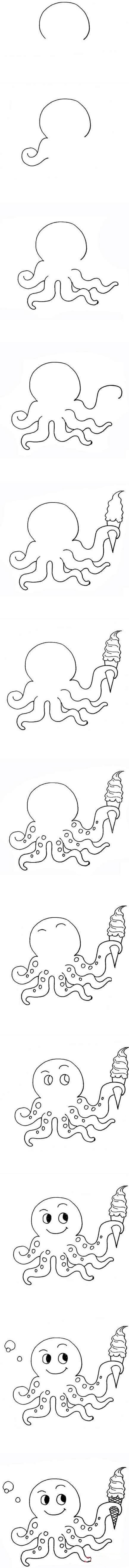 Simple drawing of cartoon octopus eating ice cream