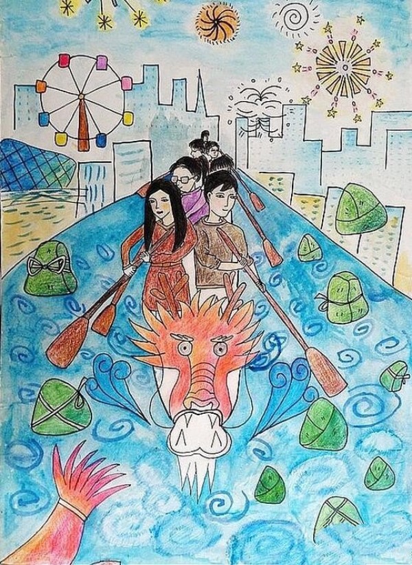 Appreciation of the Dragon Boat Festival theme paintings of sixth graders throwing rice dumplings and rowing dragon boats