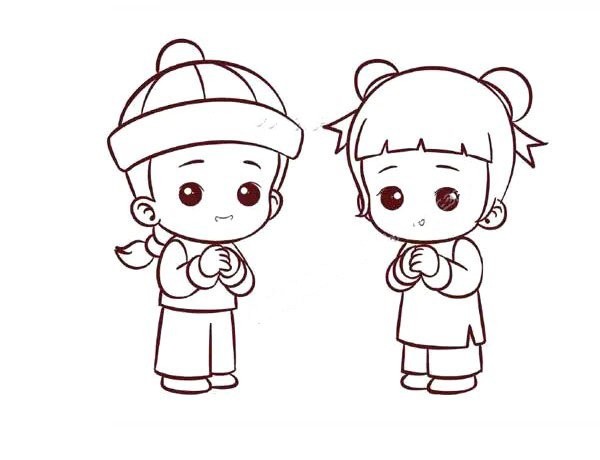 Learn to draw step by step: Golden boy and girl wishing you a happy new year