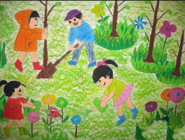 Planting trees is glorious. Sharing of Arbor Day drawings by third graders