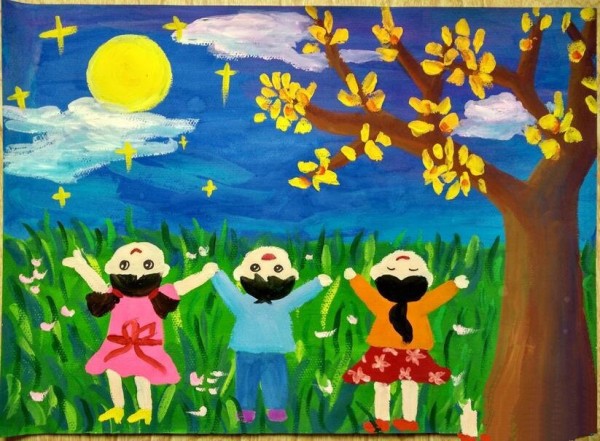 Lets enjoy the moon together. Mid-Autumn Festival childrens painting teachers drawing