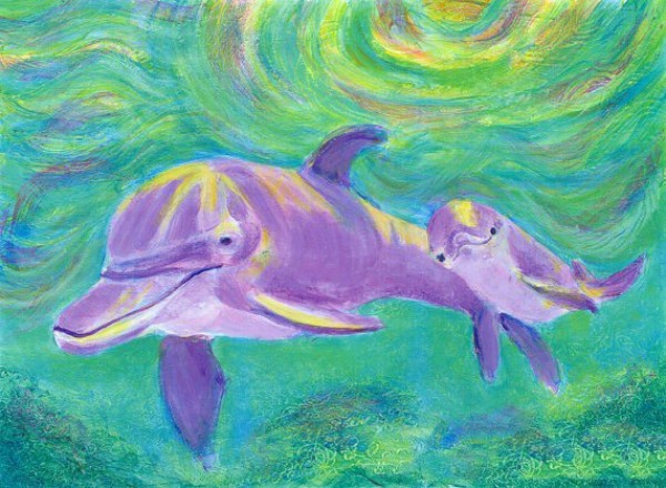 Dolphin mother and child underwater world oil painting sharing