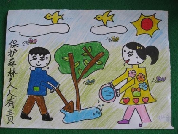 A collection of Arbor Day award-winning childrens drawings - protecting forests is everyones responsibility