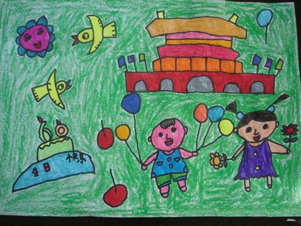 Childrens drawings of National Day for primary school students - National Day salutes fill the sky