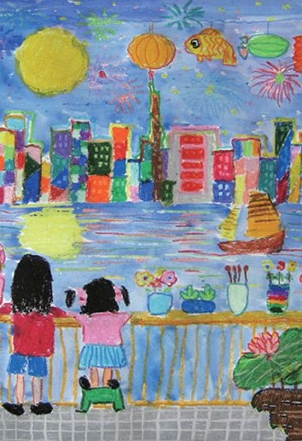 Childrens drawing of Mid-Autumn Festival moon-watching the moon on the bridge