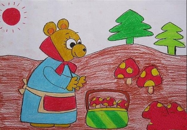 A collection of childrens drawings about spring-Mama Bear picking mushrooms