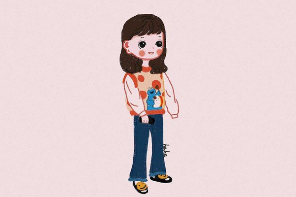 A set of simple drawings of cute little girls in spring