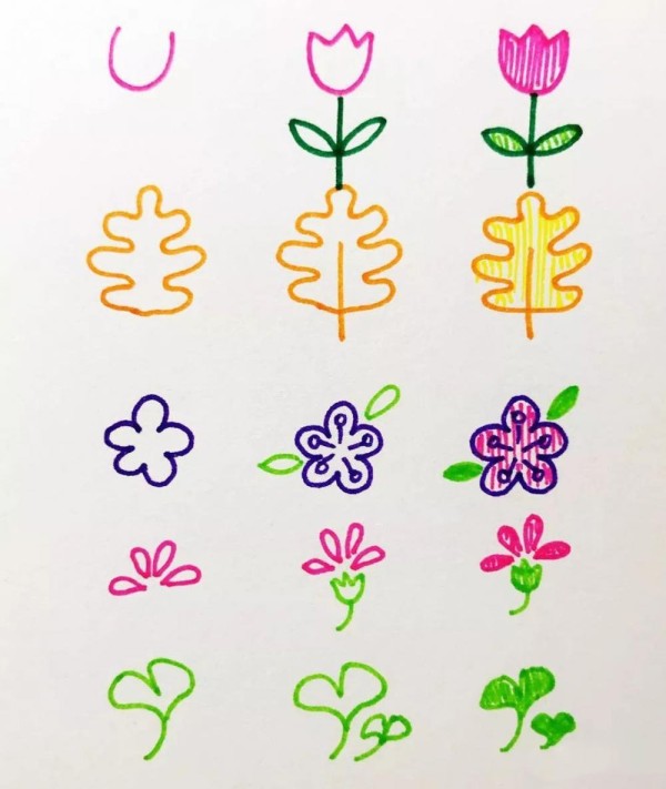 Step by step drawing of spring leaves and flowers